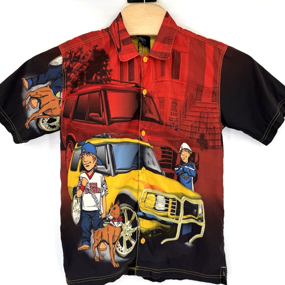 Joe Boxer Button Up Mens 14/16 Red Graphic Print Urban SUV Streetwear Shirt